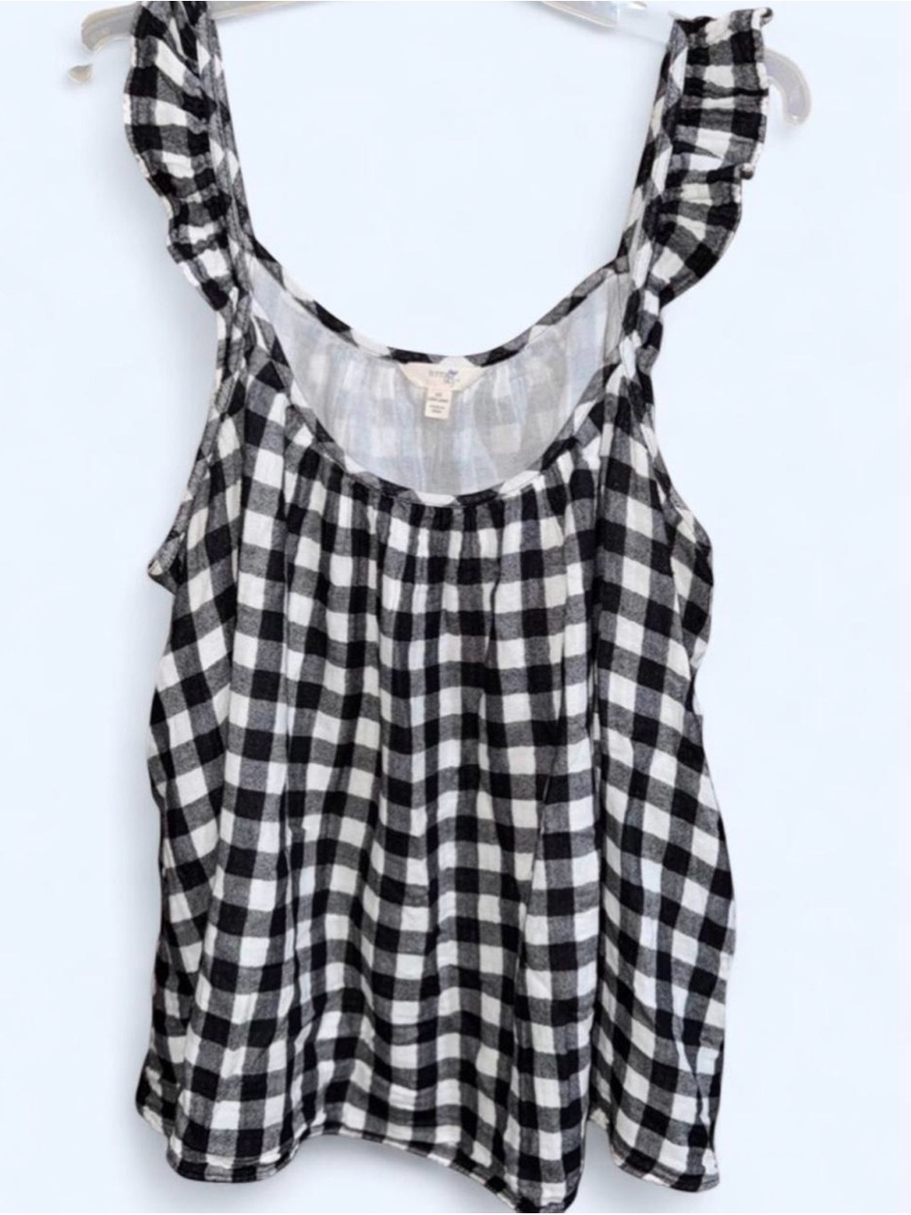 Terra & Sky Black and White Gingham Blouse with Ruffled Straps